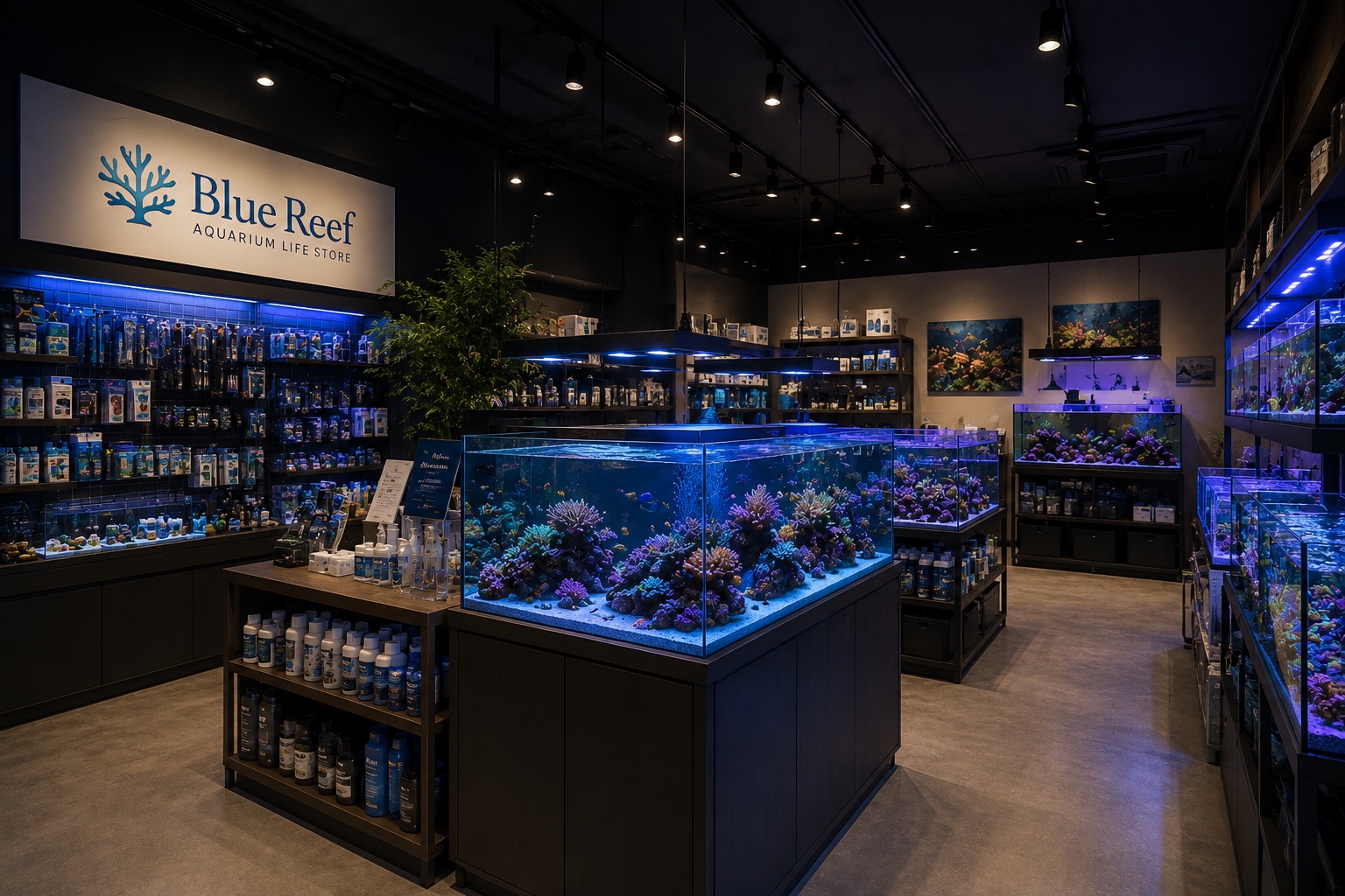 水槽と飼育用品が並ぶBlue Reef店内